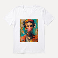 T-shirt branca GRINE com decote em V e estampa pop art colorida da Frida Kahlo em algodão elástico.