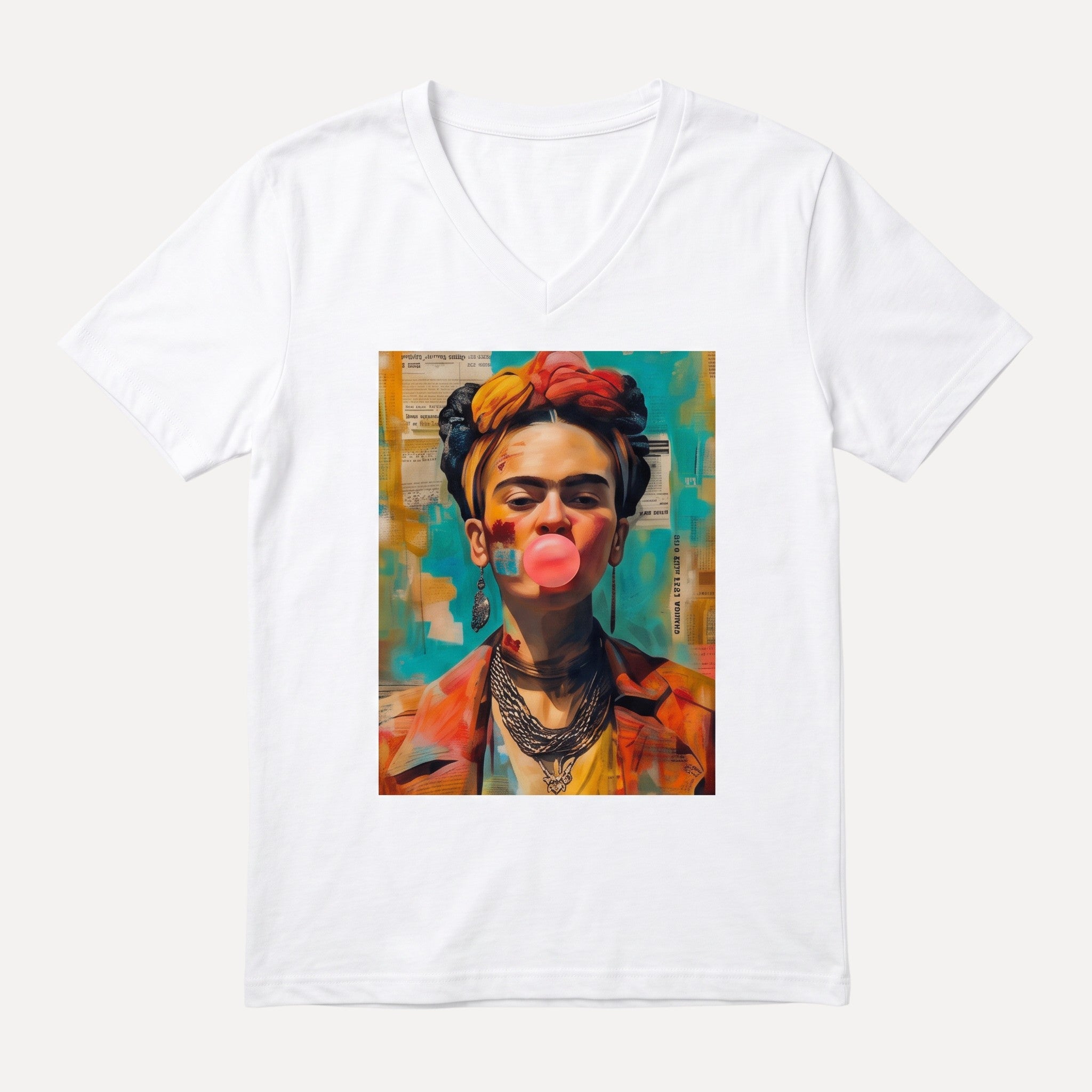 T-shirt branca GRINE com decote em V e estampa pop art colorida da Frida Kahlo em algodão elástico.