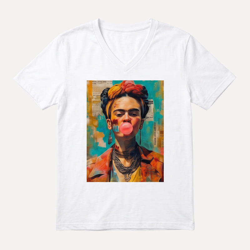 T-shirt branca GRINE com decote em V e estampa pop art colorida da Frida Kahlo em algodão elástico.
