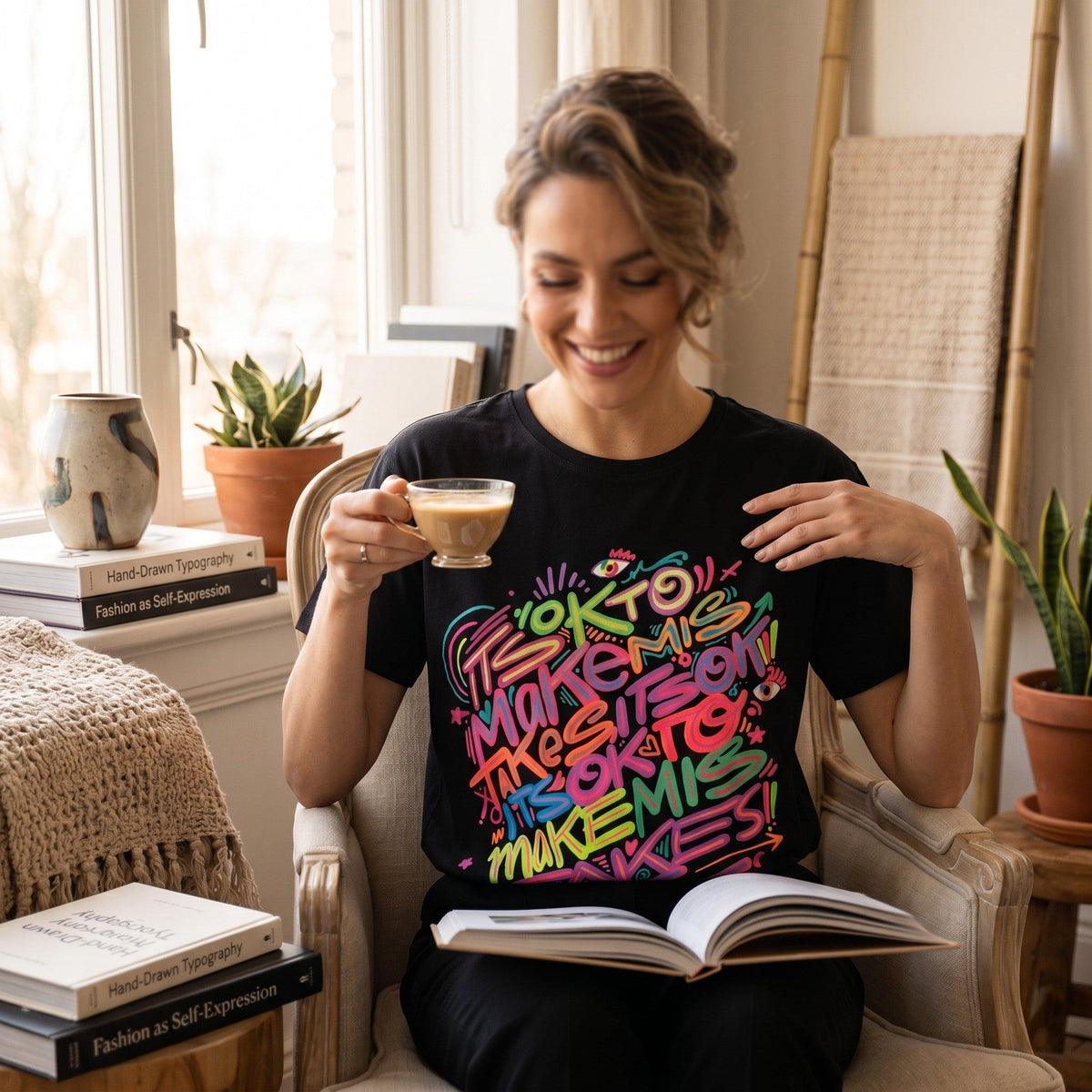 GRINE T-shirt preta de algodão com estampado grafiti colorido "It's ok to make mistakes."