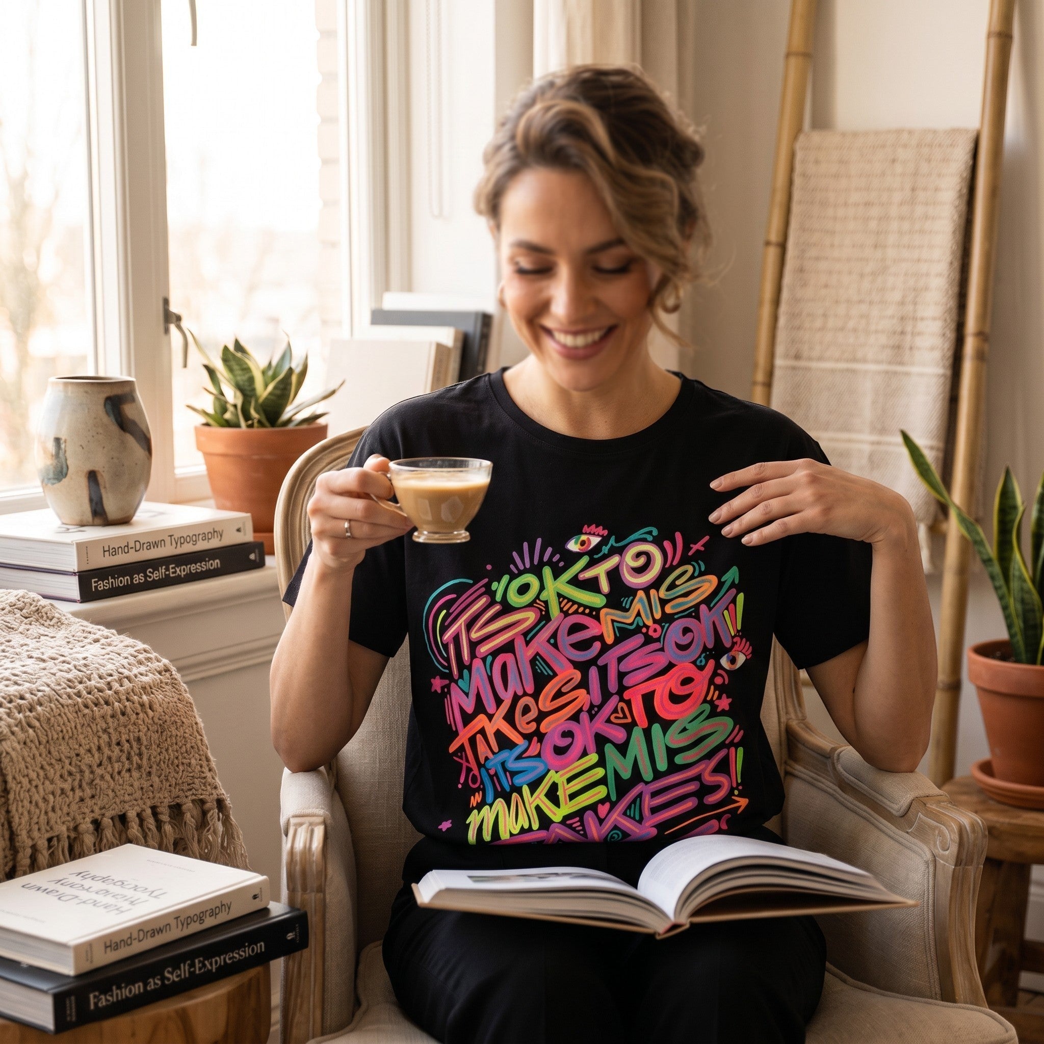 GRINE T-shirt preta de algodão com estampado grafiti colorido "It's ok to make mistakes."