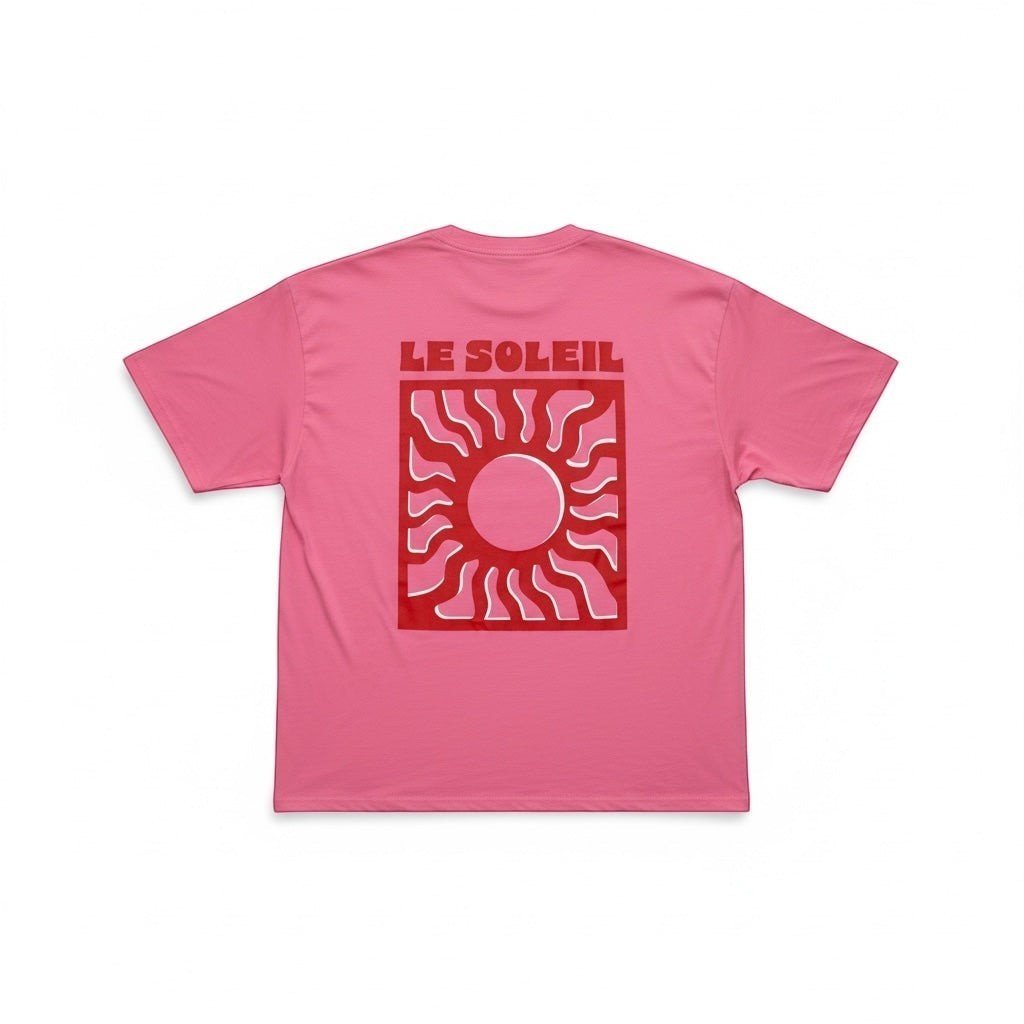 T-shirt rosa GRINE em algodão com estampa gráfica de sol e inscrição Le Soleil nas costas