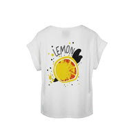 GRINE T-shirt branca de algodão com elastano, gola redonda e estampa gráfica de limão e "Lemon" nas costas.