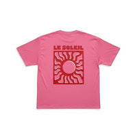 T-shirt rosa GRINE 100% algodão com estampa gráfica de sol e "LE SOLEIL" nas costas.