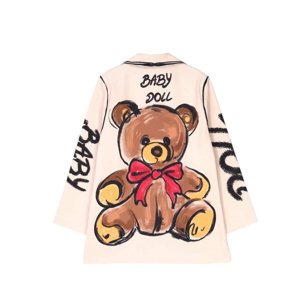 GRINE oversized beige blazer with a large teddy bear graphic and "BABY DOLL" text. Features a red bow.