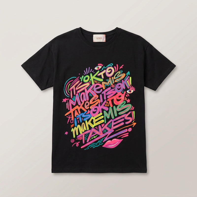 GRINE T-shirt preta de algodão com estampado grafiti colorido e a frase "It's ok to make mistakes."