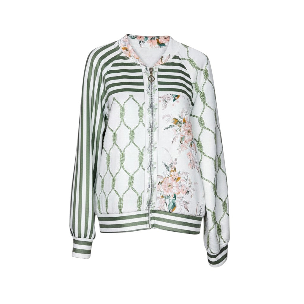 GRINE bomber jacket with floral print and green stripes, featuring a velvet-touch finish and relaxed fit.