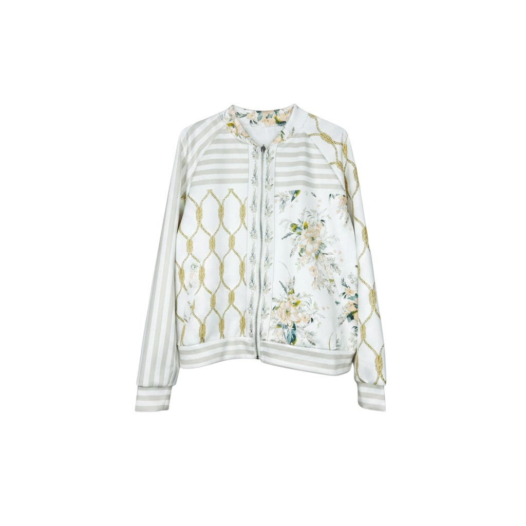 GRINE bomber jacket in white with floral and rope print, striped sleeves, and ribbed cuffs.