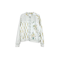GRINE bomber jacket in white with floral and rope print, striped sleeves, and ribbed cuffs.
