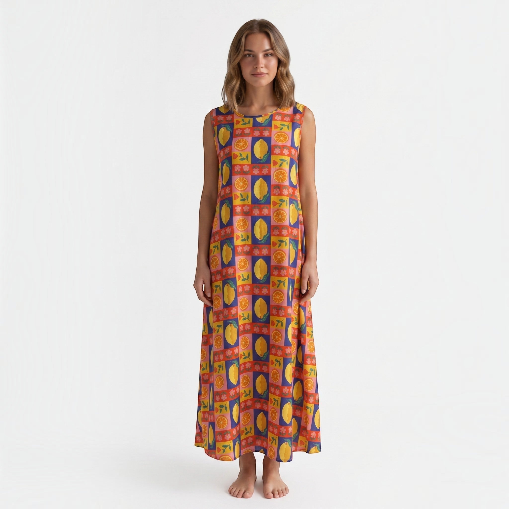 Modelo veste vestido GRINE comprido de algodão com padrão multicolorido de limões, laranjas e flores, corte fluido.