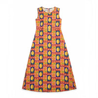Vestido GRINE comprido de algodão com padrão geométrico de limões, laranjas e flores em tons vibrantes