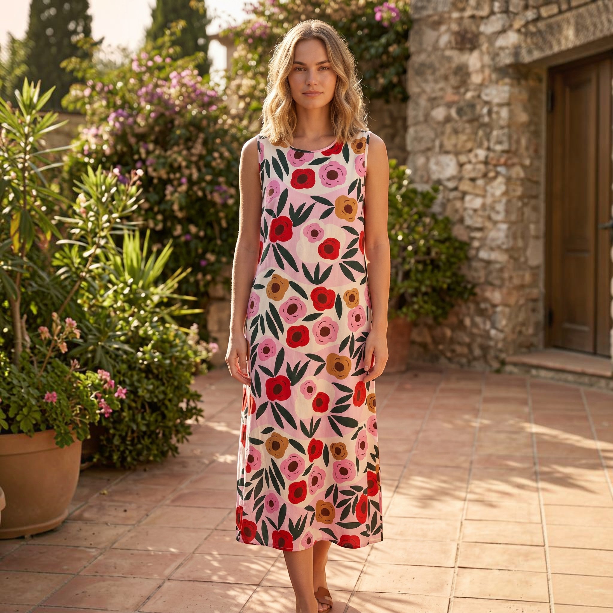 Modelo veste vestido GRINE de algodão fluido com padrão floral rosa, vermelho e castanho em fundo branco ao ar livre.