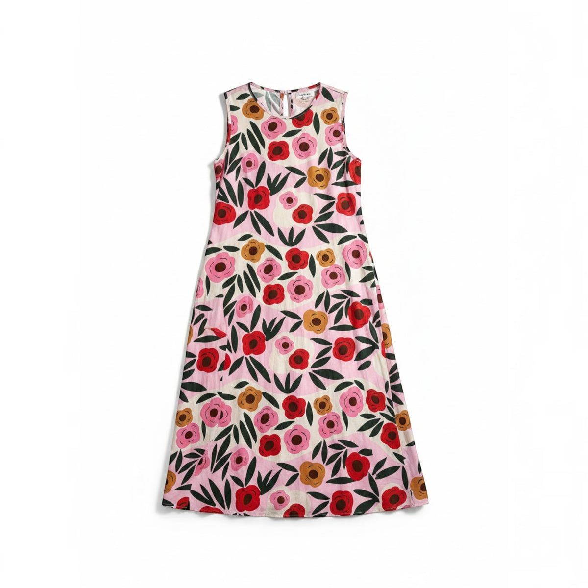 Vestido GRINE midi sem mangas em algodão com estampado floral em tons de rosa, vermelho e castanho sobre fundo claro