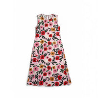 Vestido GRINE midi sem mangas em algodão com estampado floral em tons de rosa, vermelho e castanho sobre fundo claro