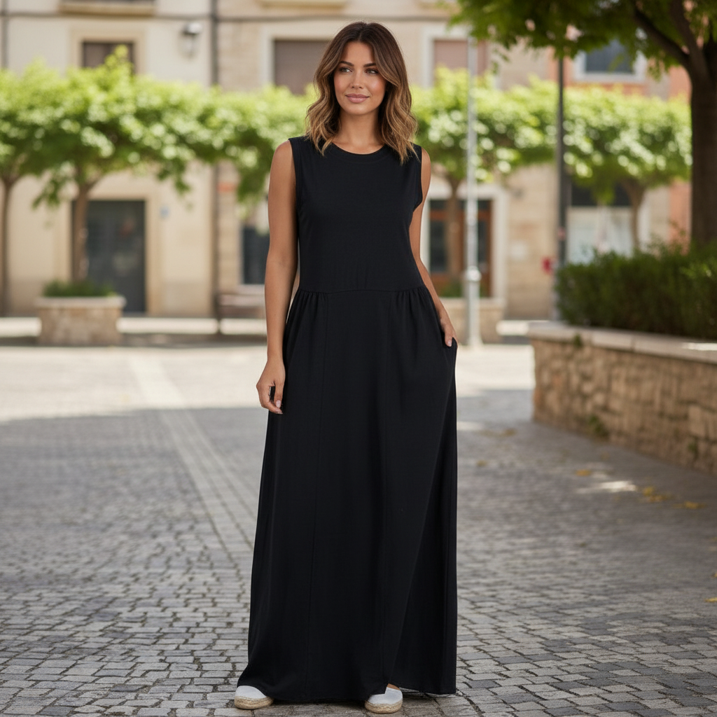 Modelo veste vestido comprido preto GRINE em algodão com corte evasê, decote redondo e sem mangas em ambiente urbano.
