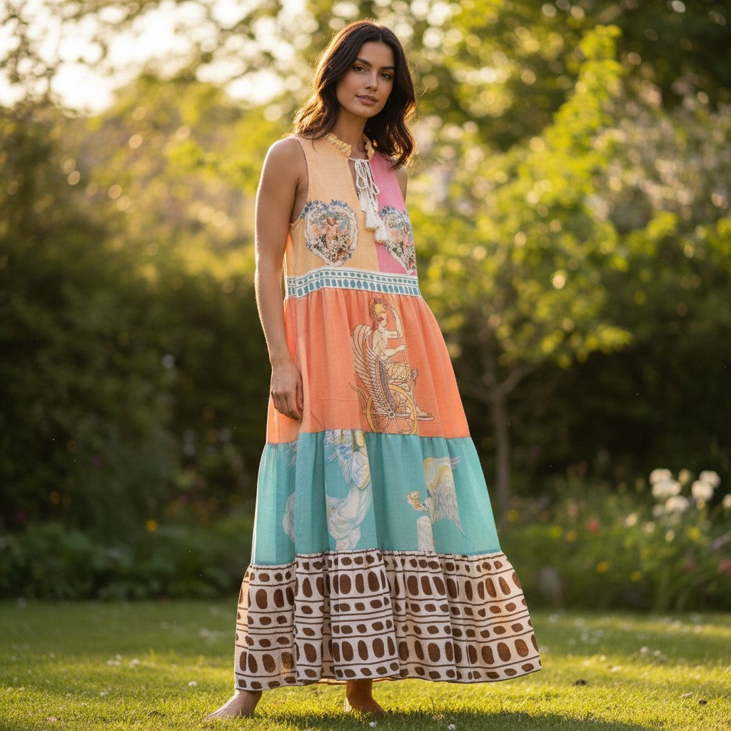 GRINE Vestido comprido multicolorido com padrão de anjos e figuras clássicas, decote com folhos e cordão, e bolsos. Tecido fluido.