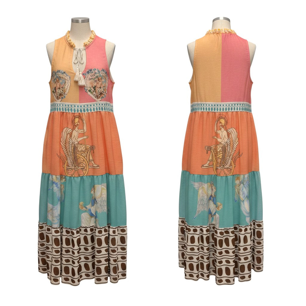 GRINE Vestido comprido multicolorido com anjos e padrão, decote com folhos e cordão, e bolsos. Modelo largo e fluido.