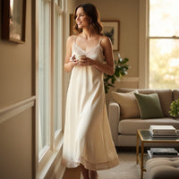 Mulher sorridente junto à janela usando vestido comprido GRINE bege dourado em renda tipo crochet com alças finas