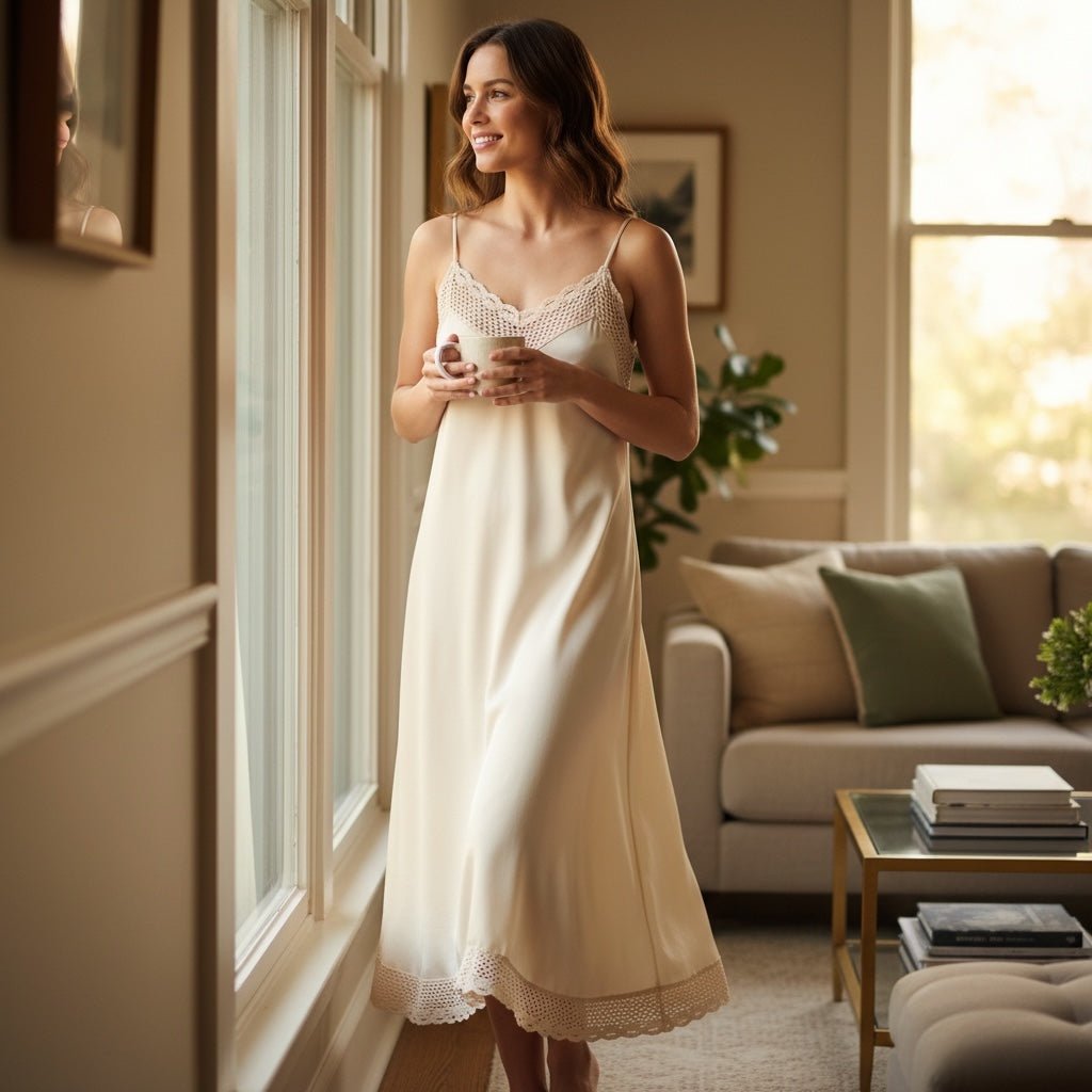 Mulher sorridente junto à janela usando vestido comprido GRINE bege dourado em renda tipo crochet com alças finas