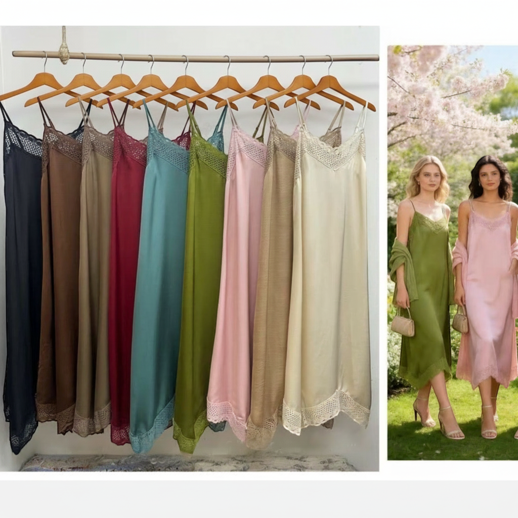 Vestido comprido GRINE em renda tipo crochet com alças ajustáveis, disponível em várias cores elegantes.