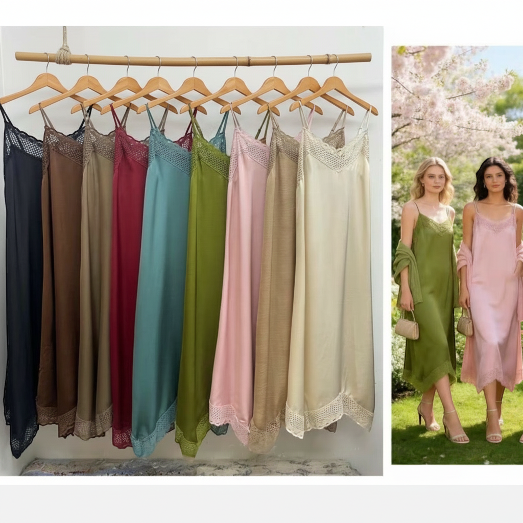 Vestido comprido GRINE em renda tipo crochet com alças ajustáveis, disponível em várias cores elegantes.