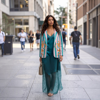 Modelo GRINE veste vestido comprido de cetim verde com renda e blazer às riscas com estampado de leopardo na rua.