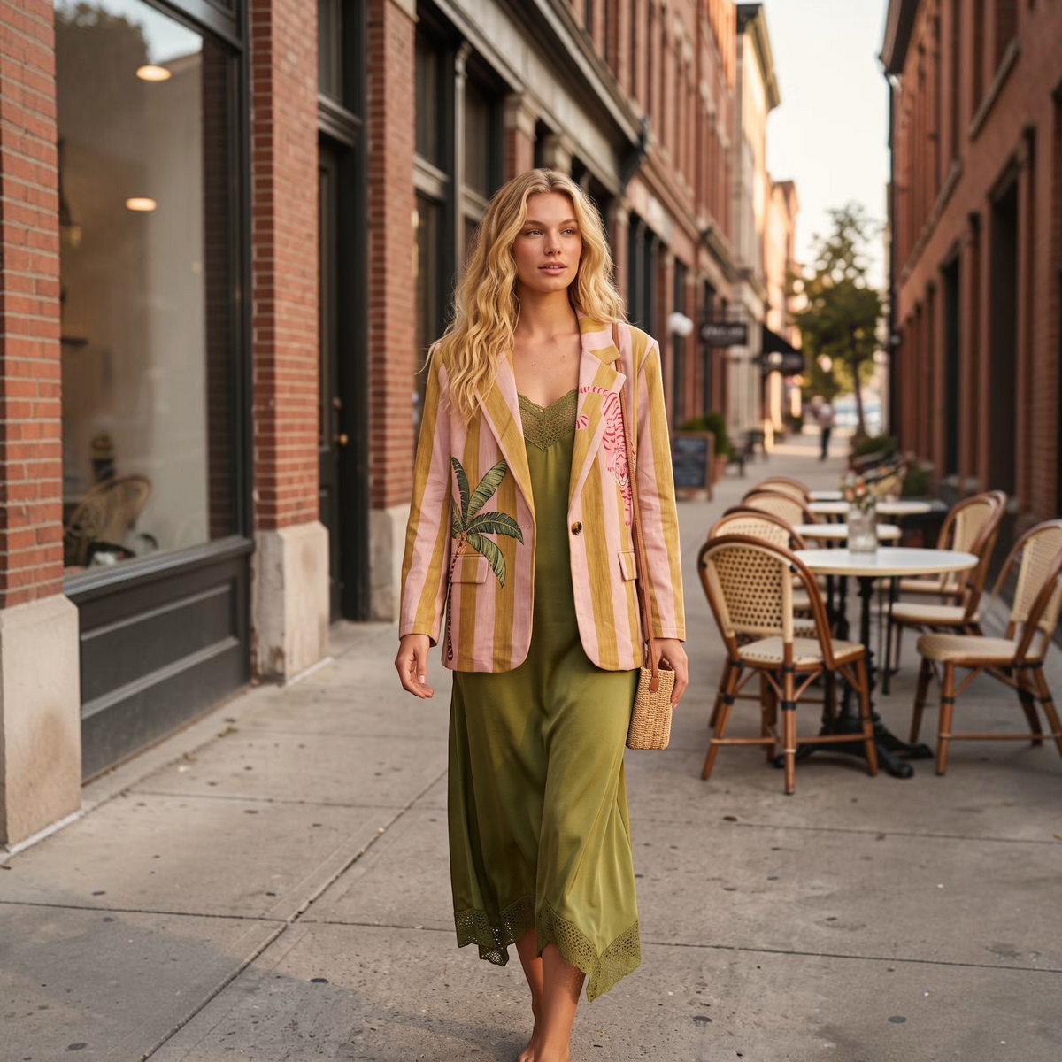 Modelo GRINE veste vestido comprido verde oliva em renda crochet com alças ajustáveis e blazer às riscas