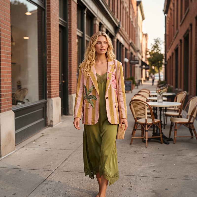 Modelo GRINE veste vestido comprido verde oliva em renda crochet com alças ajustáveis e blazer às riscas
