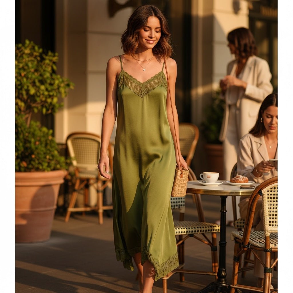 Mulher a usar vestido comprido GRINE verde oliva em cetim com detalhes de renda tipo crochet e alças ajustáveis