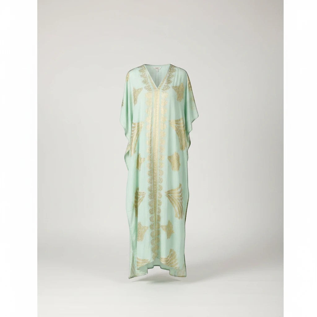 GRINE Vestido largo aqua com detalhes dourados impressos, corte largo e fluido, com bolsos. Perfeito para o verão.