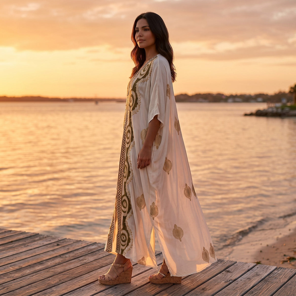 GRINE Vestido longo branco largo com bordado dourado e bolsos, usado por uma mulher numa doca ao pôr do sol.