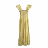 GRINE Vestido comprido amarelo com padrão vichy, alças finas e elástico franzido no peito.