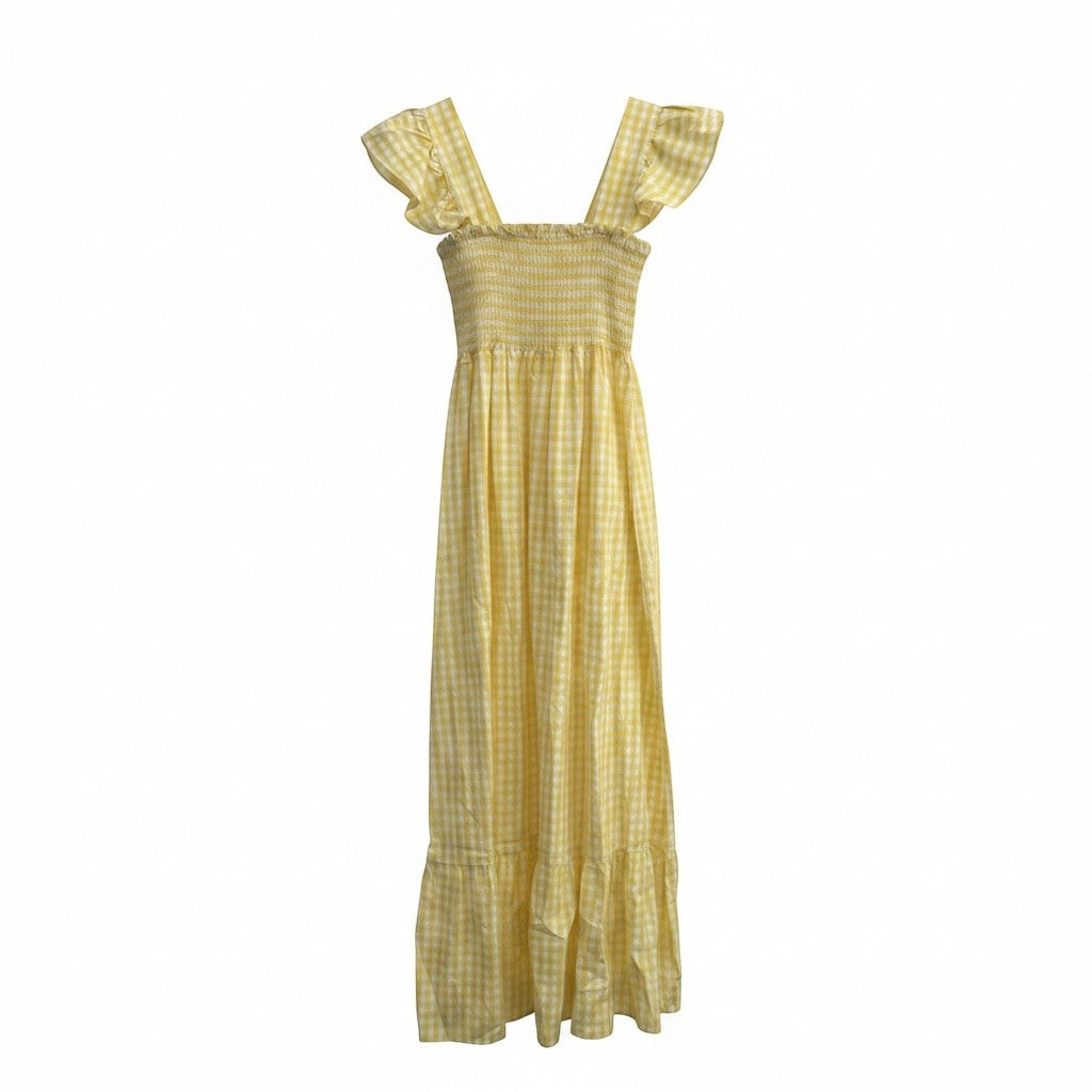 GRINE Vestido comprido amarelo com padrão vichy, alças finas e elástico franzido no peito.