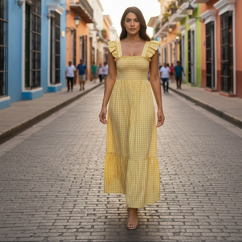 GRINE Vestido comprido amarelo com padrão vichy, alças franzidas e elástico no peito.
