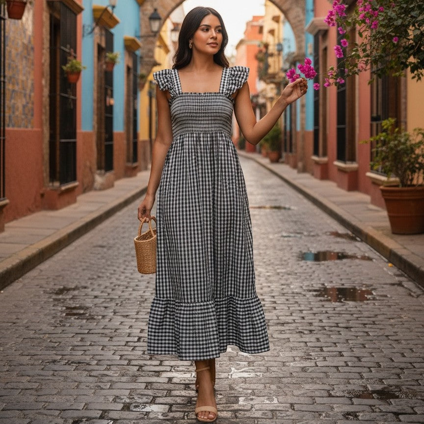 GRINE Vestido comprido preto e branco com padrão vichy, elástico franzido no peito e alças delicadas.