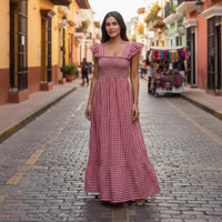 GRINE Vestido comprido vermelho e branco com padrão vichy, elástico franzido no peito e alças.