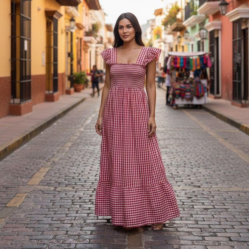 GRINE Vestido comprido vermelho e branco com padrão vichy, elástico franzido no peito e alças.
