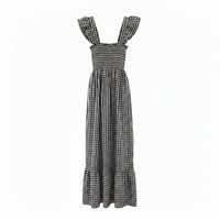 GRINE Vestido comprido preto e branco com padrão vichy, alças franzidas e elástico no peito.
