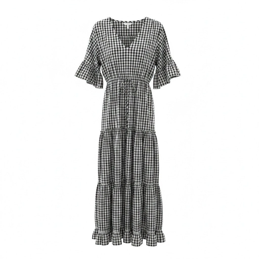 GRINE Vestido comprido preto e branco com padrão vichy, cintura elástica e folhos nas mangas e barra.