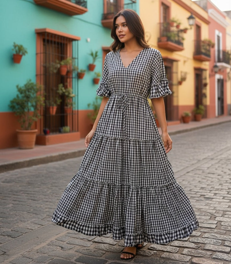 GRINE Vestido comprido preto e branco com padrão vichy, cintura elástica e mangas curtas com folhos.