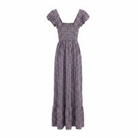 GRINE Vestido comprido roxo com padrão vichy, elástico franzido no peito e alças delicadas.