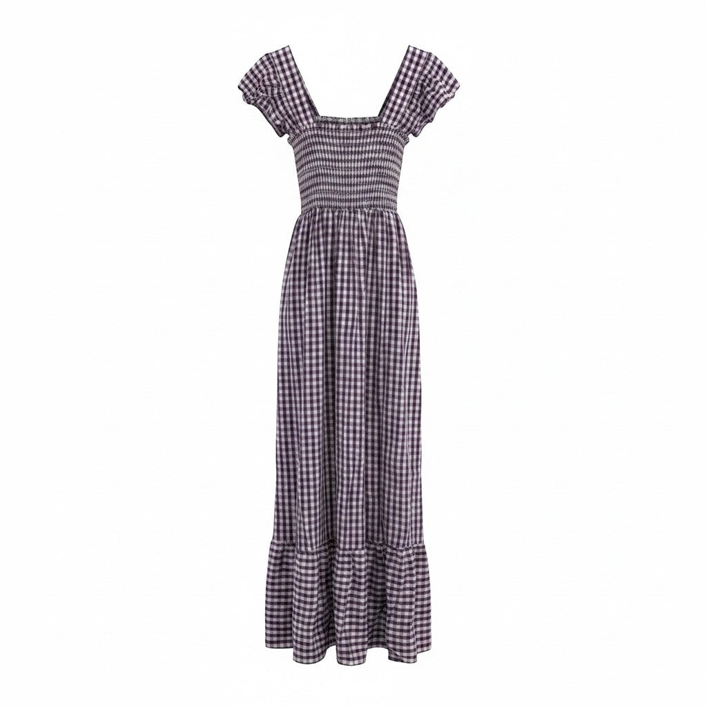 GRINE Vestido comprido roxo com padrão vichy, elástico franzido no peito e alças delicadas.