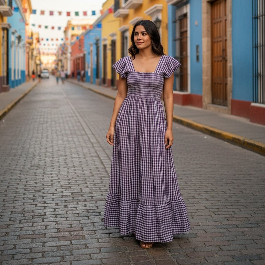 GRINE Vestido comprido roxo com padrão vichy, elástico franzido no peito e alças finas.