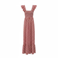 GRINE Vestido comprido vermelho com padrão vichy, alças franzidas e elástico no peito.