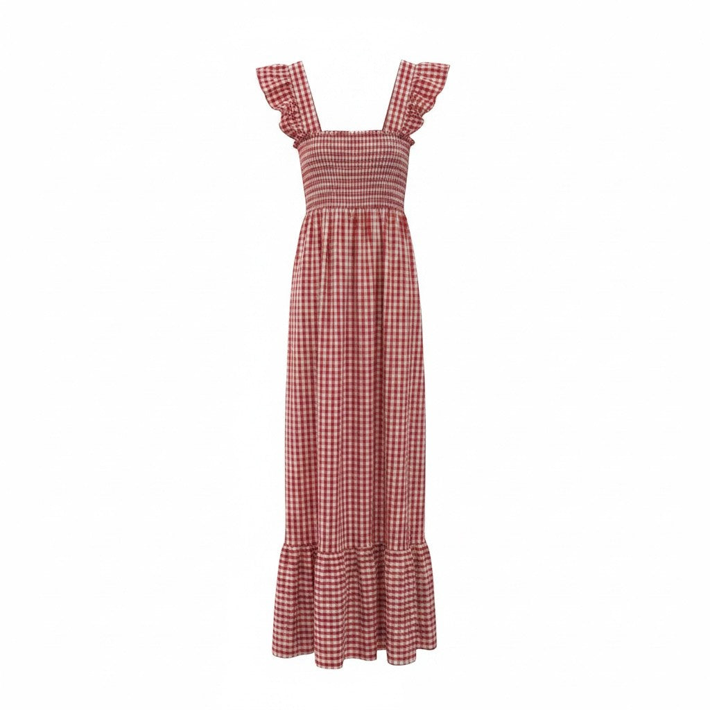 GRINE Vestido comprido vermelho com padrão vichy, alças franzidas e elástico no peito.