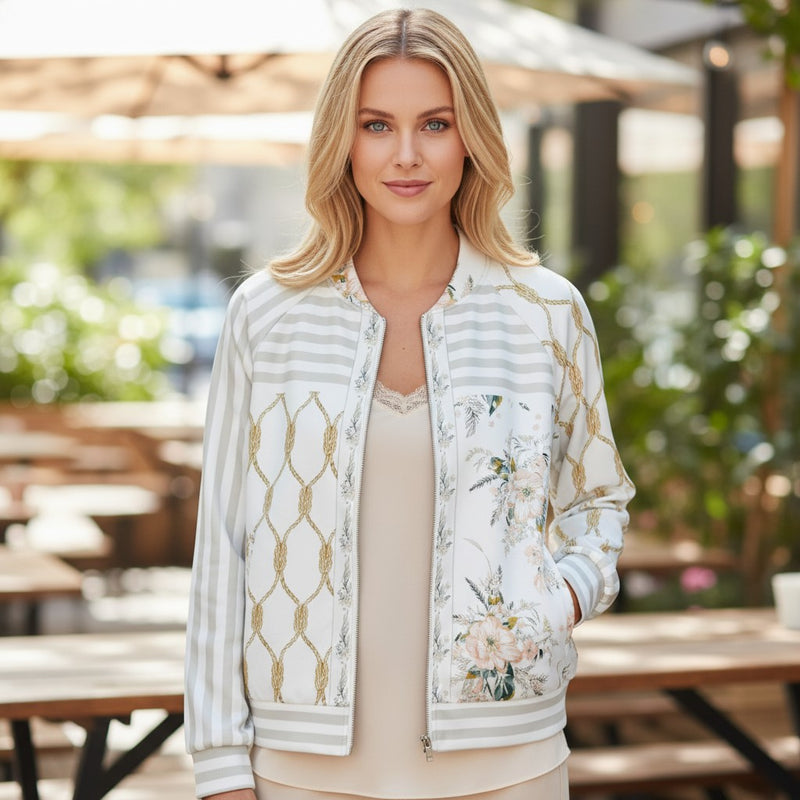 GRINE white bomber jacket with floral print on right side and rope pattern on left sleeve and body. Striped cuffs and hem.