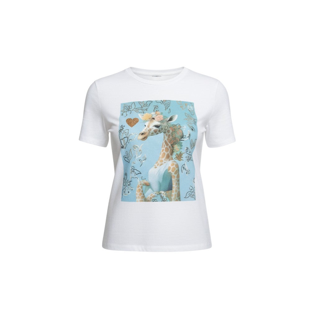 GRINE white cotton t-shirt with a round neck and short sleeves, featuring a graphic print of a giraffe adorned with flowers and a gold heart.
