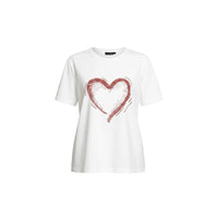 GRINE white cotton t-shirt with short sleeves, round neck, and a glittery red heart graphic. Features a slightly wider back with a gathered detail.