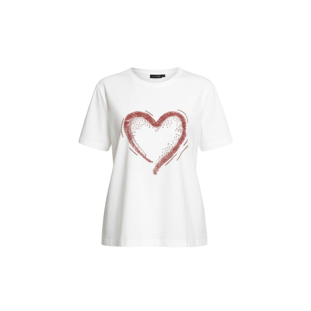 GRINE white cotton t-shirt with short sleeves, round neck, and a glittery red heart graphic. Features a slightly wider back with a gathered detail.