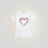 GRINE white cotton t-shirt with short sleeves, round neck, and a sequined rose gold heart graphic. Relaxed fit with a slightly wider back and gathered detail.